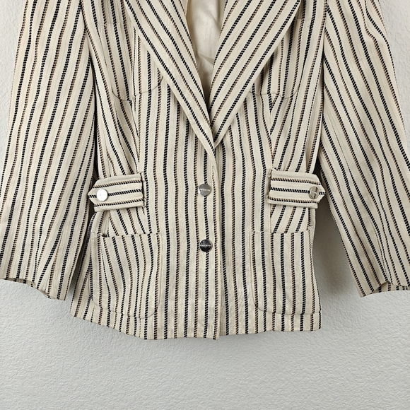 KAREN MILLEN Linen Blend Blazer Jacket Button Up Cream Striped Womens Size 8 - Picture 2 of 16